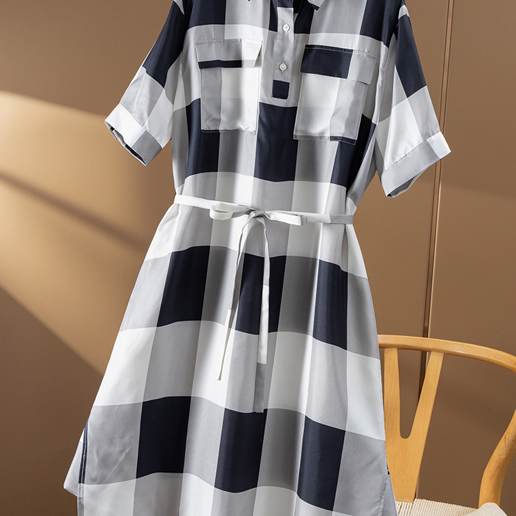 WW￥699 秒！职场 意D利格子收腰袍子真丝衬衫连衣裙春天家女4Z86