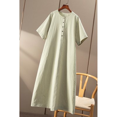 法G舒爽天丝亚麻圆领收腰连衣裙