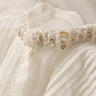 天丝苎麻塔克褶衬衫 法G手工钉珠圆领长袖 女7Y76 仙女白 D春天家