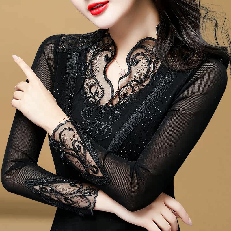 加绒加厚打底衫女长袖2020新款秋冬女装网纱内搭春秋性感蕾丝上衣