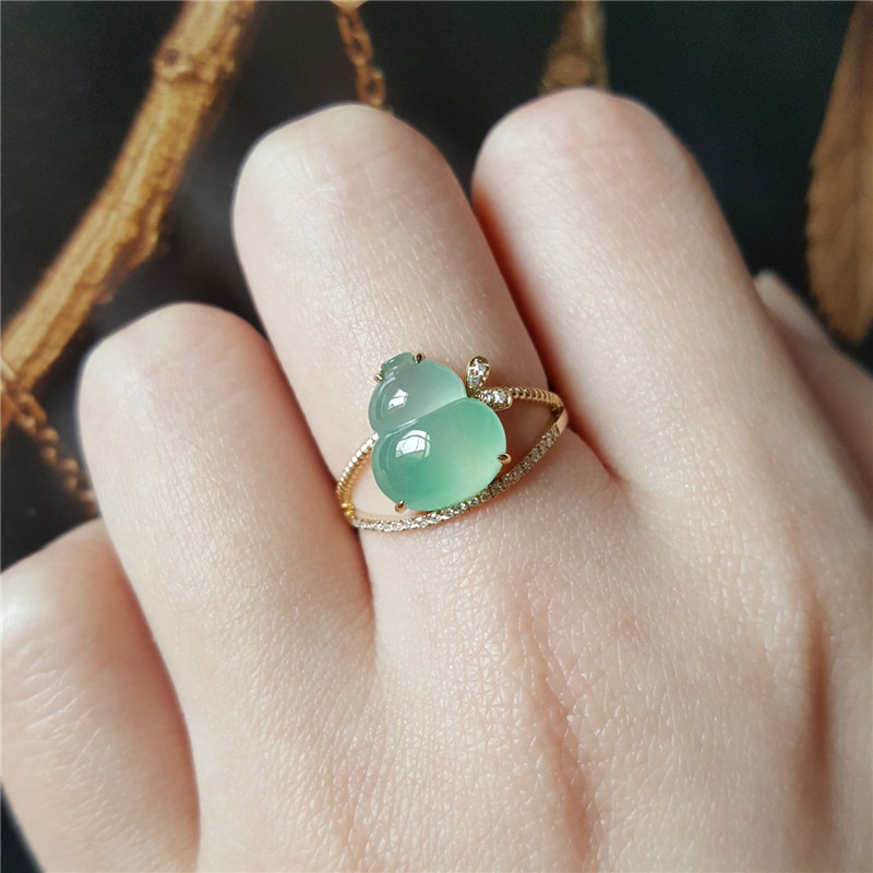 汉桑原创翡翠戒指缅甸天然正品冰种翡翠葫芦镶嵌18k金玉戒指指环
