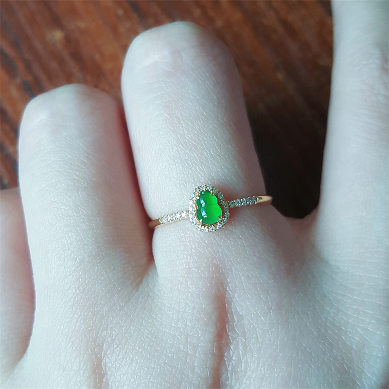 现货玉戒指缅甸翡翠戒指冰种翡翠葫芦戒指18k金镶嵌天然翡翠指环