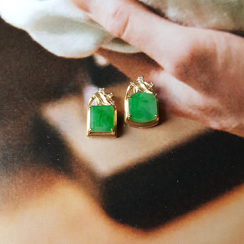 缅甸天然a货玉吊坠18k金镶嵌冰种翡翠正阳绿无事牌翡翠吊坠玉坠女