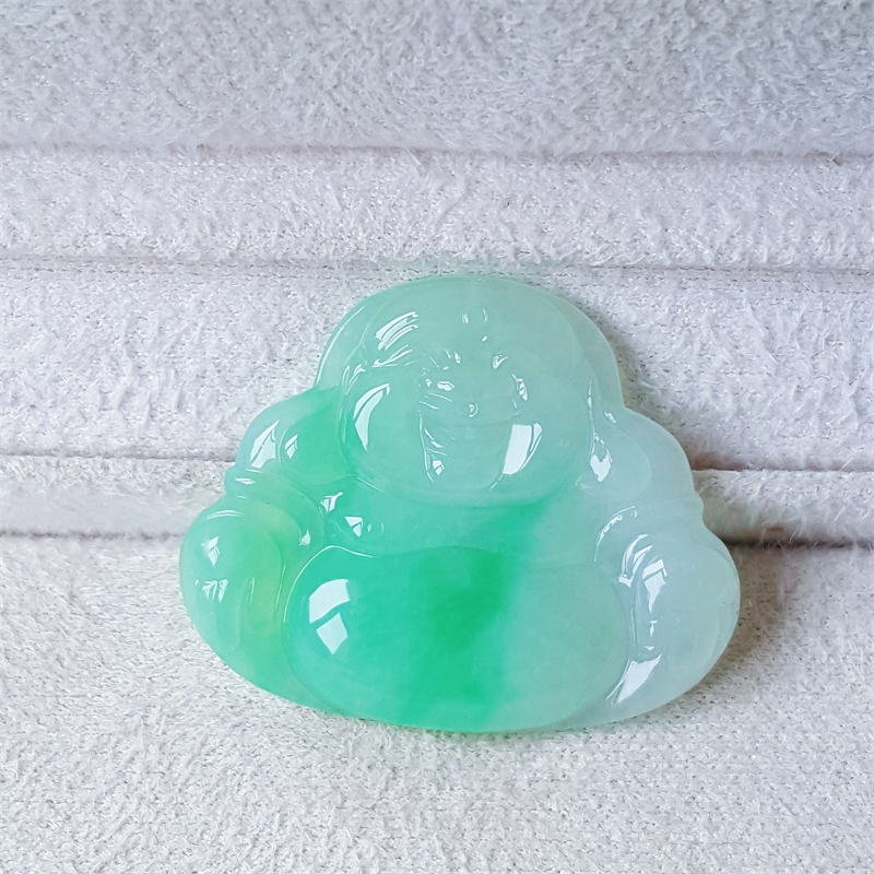 【现货】缅甸正品A货翡翠白底青飘阳绿花佛公吊坠纯天然翡翠佛公