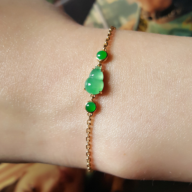 汉桑原创翡翠手链18k金镶嵌缅甸天然正品冰种葫芦手链金镶玉手链