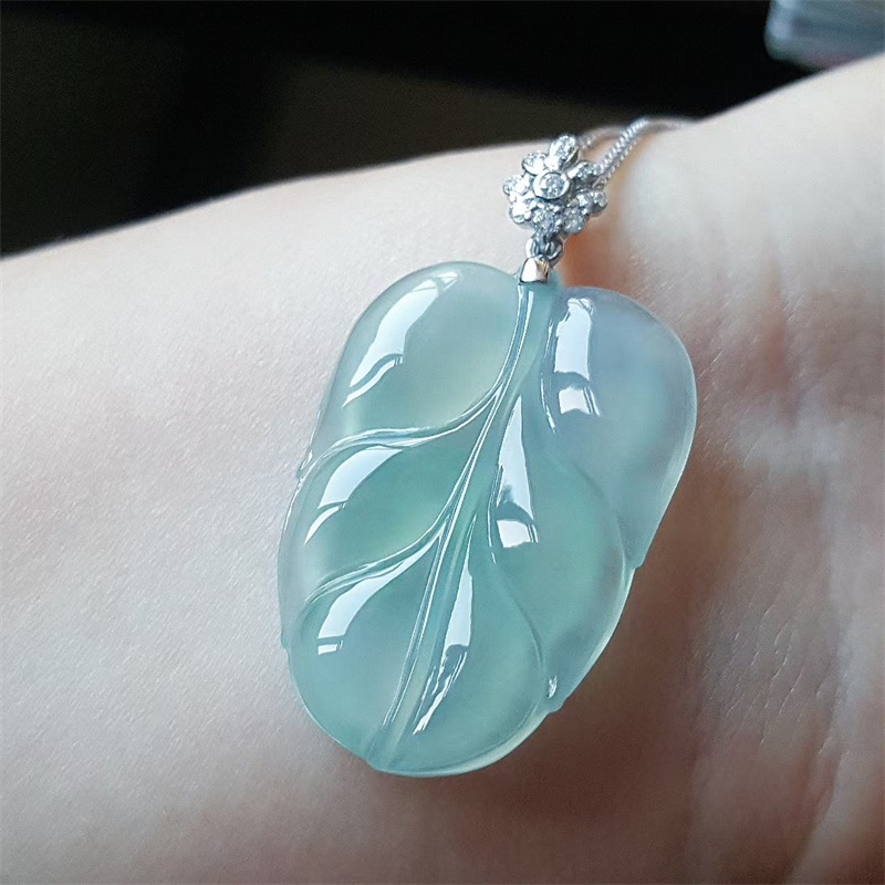 【定制】缅甸正品A货翡翠18k金镶嵌老坑种白冰叶子吊坠天然翡翠