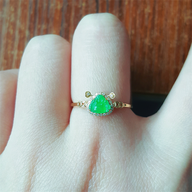 玉戒指缅甸a级翡翠佛公18k金戒指