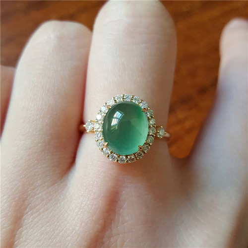 汉桑原创翡翠戒指女冰种翡翠水润起光蛋面镶嵌18K金玉戒指女