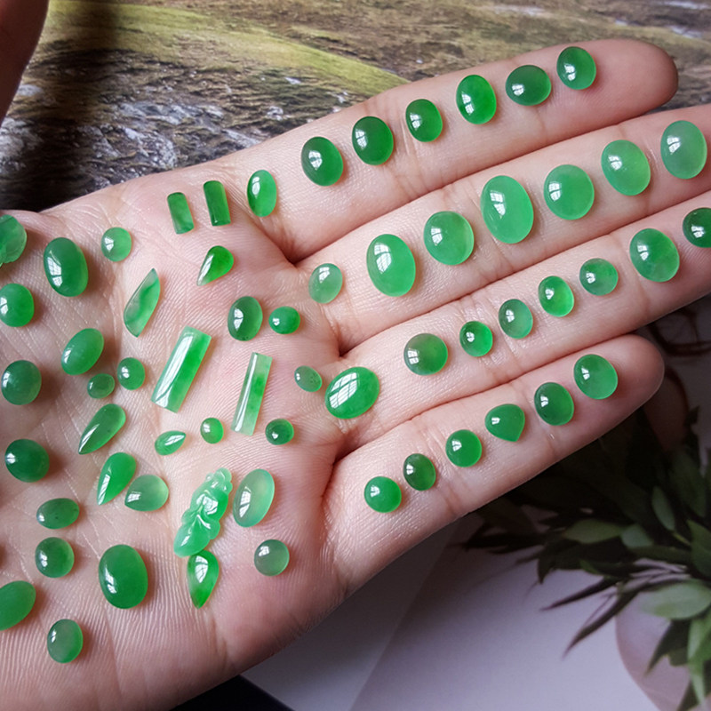 缅甸天然A货冰种阳绿翡翠戒面满绿蛋面翡翠戒指裸石镶嵌耳钉吊坠