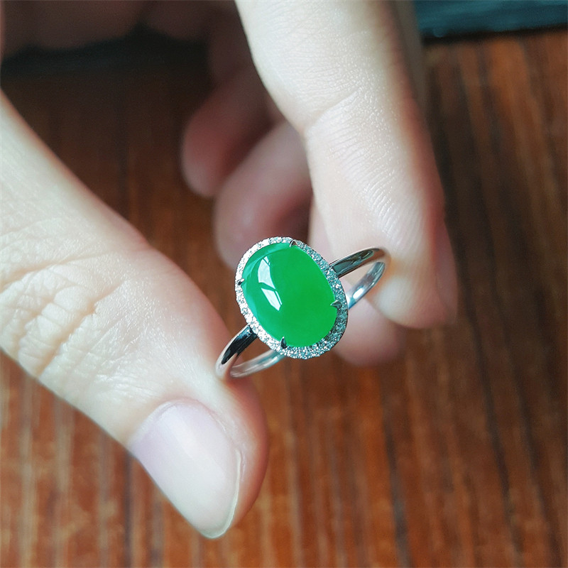 【定制】天然缅甸a级翡翠戒指冰种翡翠蛋面戒指18k金翡翠指环