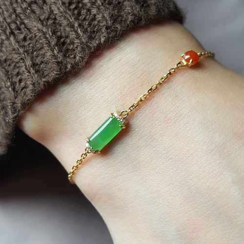 缅甸A货18k金冰阳绿玉柱翡翠手链