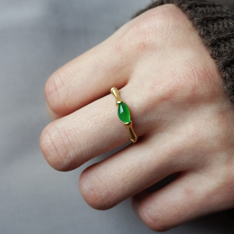 汉桑原创翡翠戒指18k金镶嵌缅甸冰种阳绿随行竹节戒指翡翠玉戒指