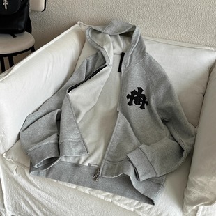 【年终清仓】梁朝伟同款灰色拼皮宽松运动连帽卫衣拉链衫外套