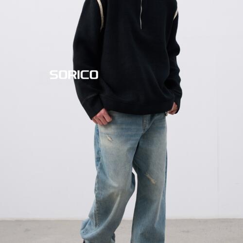 「SORICO」时光铭刻羊毛混纺半拉链牛仔贴布静奢针织立领毛衣