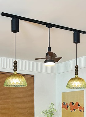 新款法式中古风餐厅吊灯轨道风扇灯可移动悬停岛台餐桌绿色玻璃灯