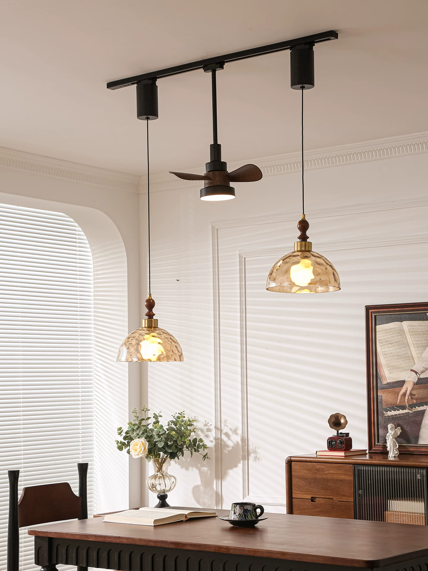 法式餐厅吊灯中古风可升降悬停轨道风扇灯可移位吧台餐桌玻璃吊灯