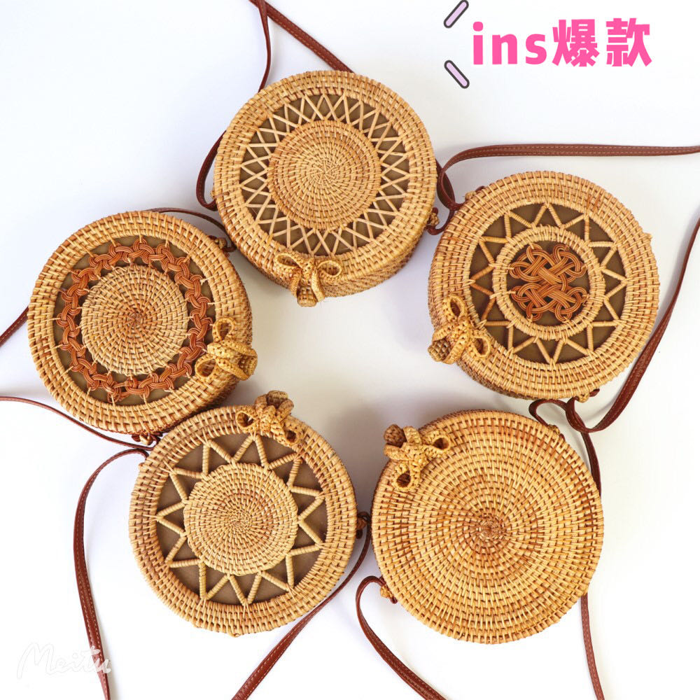 越南手工藤编草编镂空五角星蝴蝶斜挎圆形包包ins大热巴厘岛旅游