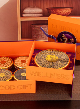 马年新款橙色双层高档双圆礼盒石斛西洋参鹿茸红参五拼通用礼品盒