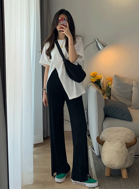 纯色开叉短袖T恤女ins潮2022年新款夏季设计感不规则显瘦遮肉上衣