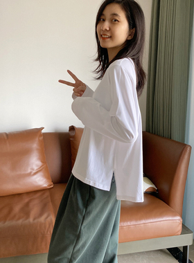 白色棉质长袖T恤女 2023年秋季新款内搭宽松开叉百搭纯色简约上衣