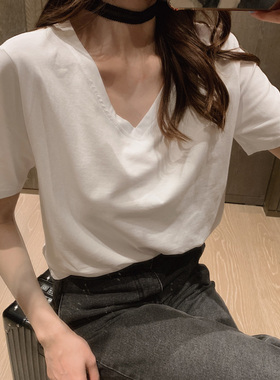 白色T恤女短袖宽松V领2023新款潮女装纯白色鸡心领夏装棉质上衣丅