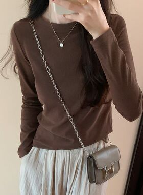 秋冬季修身复古美拉德打底衫女磨毛保暖软糯长袖内搭T恤正肩上衣