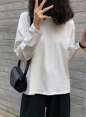 2024秋季新款韩版棉质宽松秋冬装加绒长袖T恤女简约纯白色打底衫