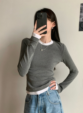 欧货拼接撞色ins长袖T恤女别致小衫春秋新款假两件打底衫显瘦上衣
