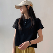 黑色t恤女短袖 ins潮短款 2024春夏宽松棉质高腰露脐港风小心机上衣