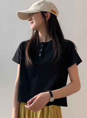 黑色t恤女短袖ins潮短款2024春夏宽松棉质高腰露脐港风小心机上衣
