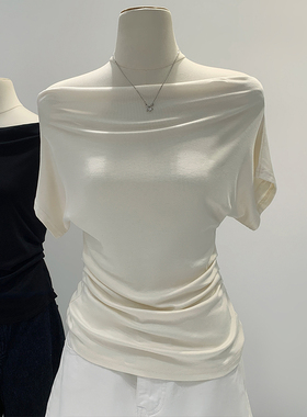 法式设计感荡领一字肩短袖T恤女夏季修身辣妹紧身露肩气质小上衣