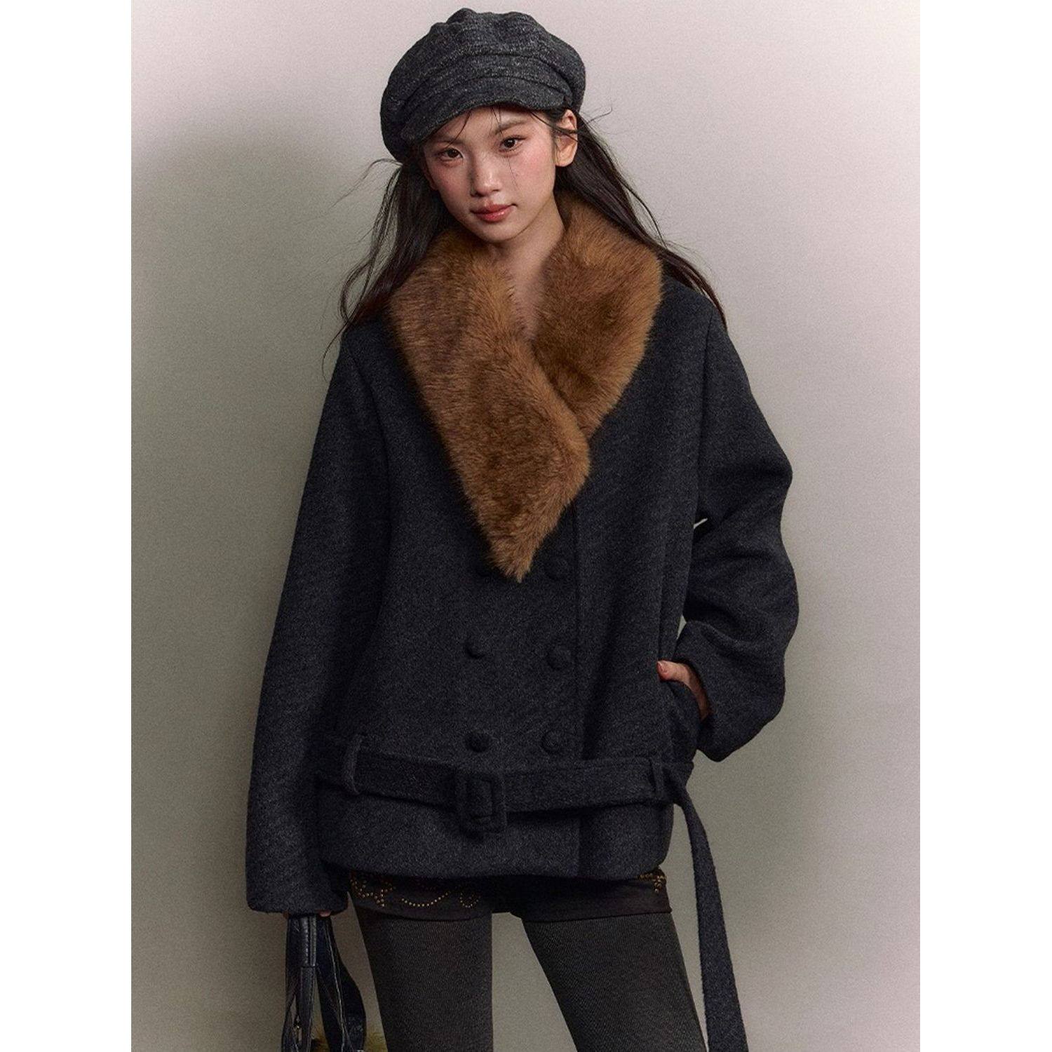 韩系复古拼接毛领斜纹双排扣宽松毛呢大衣2025冬季新款气质外套女,女装/女士精品,毛呢外套,淘宝优惠券,粉丝福利购,淘宝优惠卷