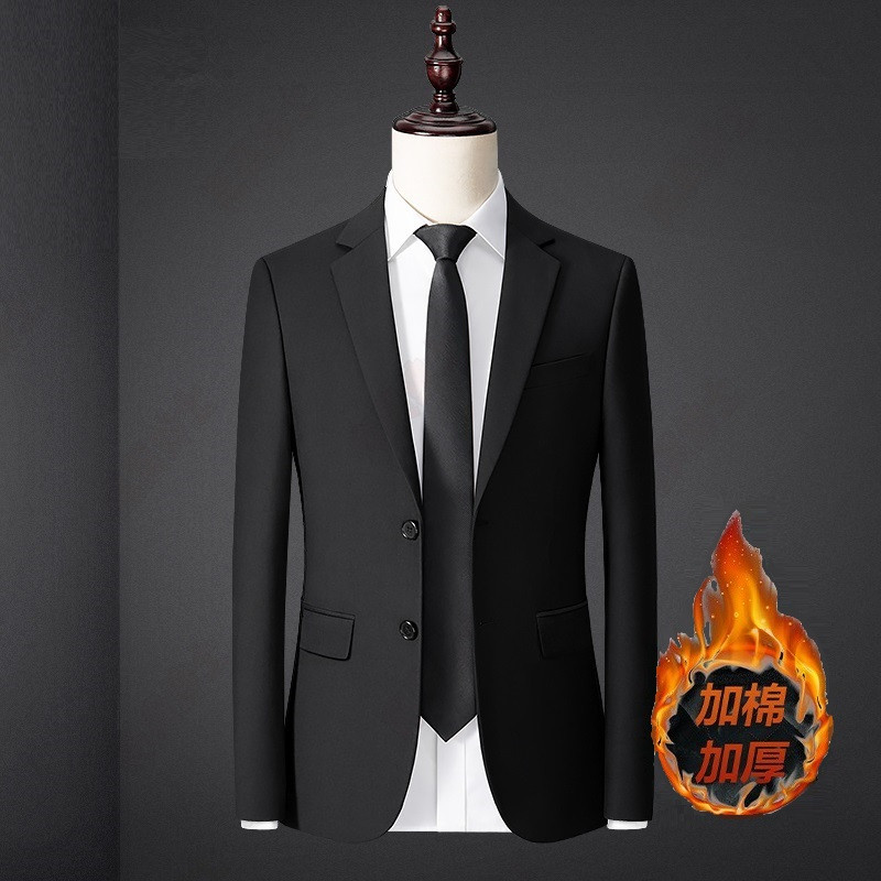 加绒加厚西服套装男士修身商务正装职业保暖西装新郎结婚礼服冬季