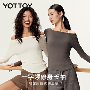 YOTTOY一字领长袖 休闲显瘦收腰打底瑜伽运动普拉提秋 船领上衣修身