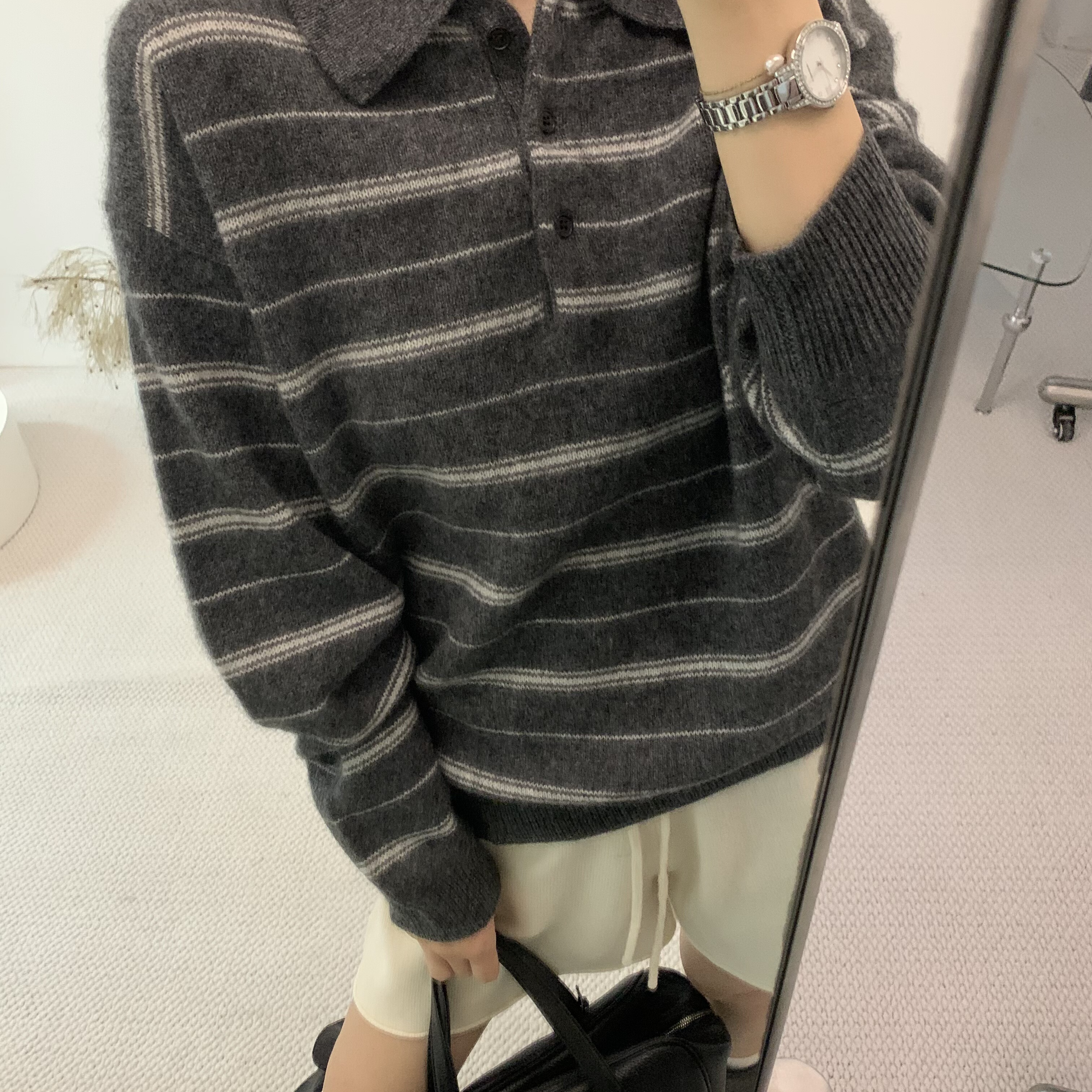 欧洲站2025早秋新款美式条纹Polo翻领毛衣针织衫女宽松miu风上衣