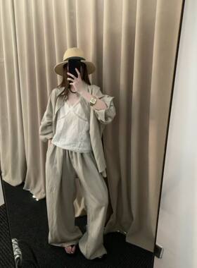 夏季亚麻防晒衬衫阔腿裤两件套