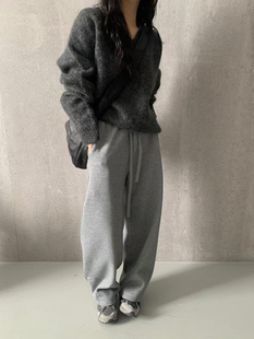 休闲裤 女松紧腰直筒阔腿裤 纯色卫裤 欧洲站M98原创小众设计师冬款