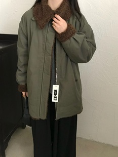 军绿羊羔毛外套上衣 百搭立领拉链中长款 韩国东大门2025冬新款 时尚