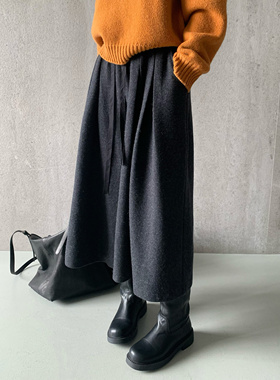 秋冬新款松紧腰呢子裙裤宽松阔腿裤羊毛八分裤毛呢裤子加厚显瘦型