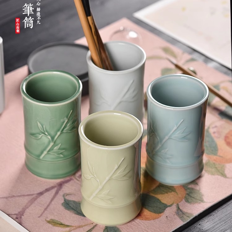 节节高陶瓷笔筒中国风简约陶瓷文房四宝毛笔收纳陶瓷笔筒桌面摆件