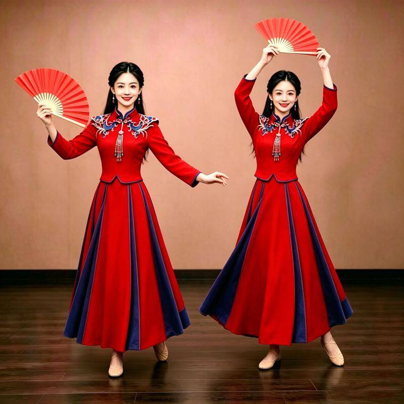 新款民族演出服女舞台装喜庆腰鼓扇子舞红色舞蹈服秧歌广场舞服装