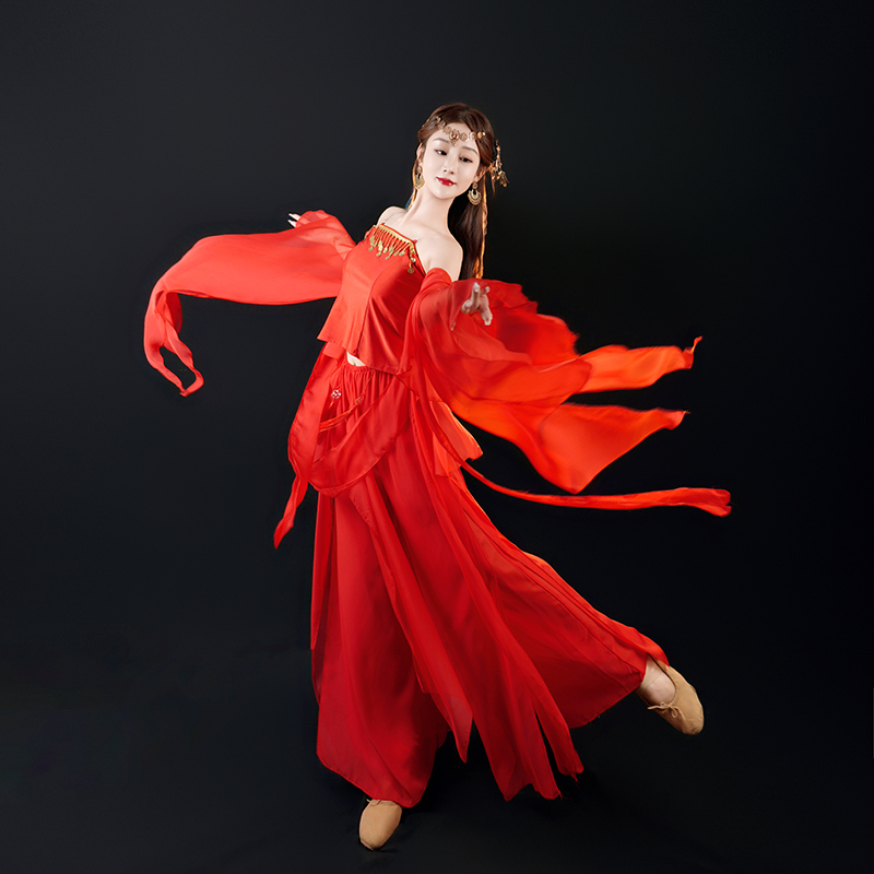 中国风舞蹈古典舞民族练功表演汉服飘逸水袖纱衣演出红色摆裙套装