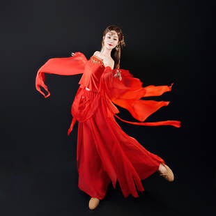中国风舞蹈古典舞民族练功表演汉服飘逸水袖 纱衣演出红色摆裙套装