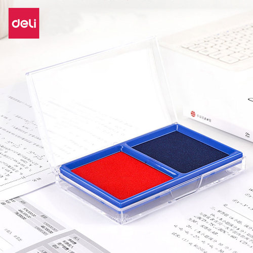 得力9865红蓝两色印泥双色快干印台财务会计银行办公用大号印台