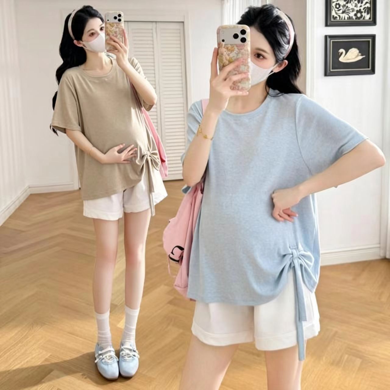 孕妇装夏季新款时尚设计感抽绳宽松短袖T恤外穿休闲显瘦百搭上衣