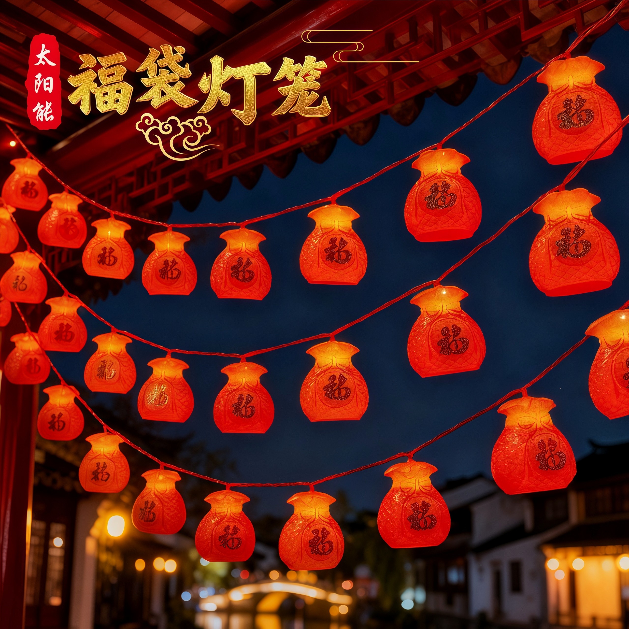 太阳能福袋灯笼串春节装饰灯过年彩灯串灯户外阳台庭院布置氛围灯