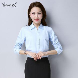 女长袖 OL商务大码 打底衫 正装 工作服面试V领白衬衣秋 修身 职业衬衫