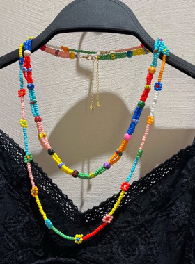 春夏新款手工编织双层彩色米珠花朵项链波西米亚串珠叠戴锁骨链女
