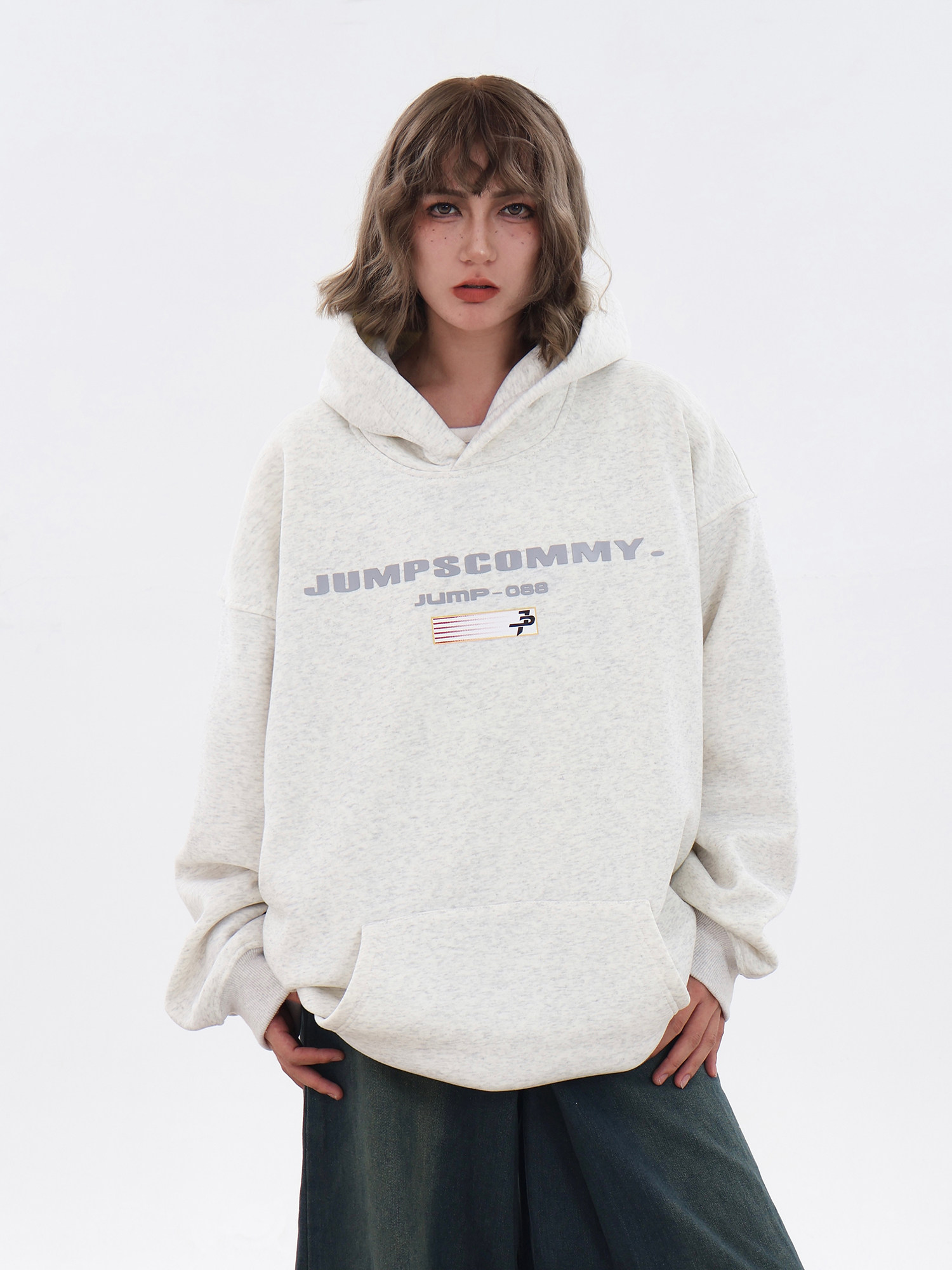JUMPNEXT 아메리칸 스타일 커플 폼 프린트 후드 티셔츠 가을 헤비 루즈 긴팔 탑 까마귀