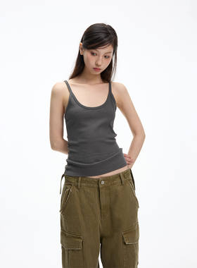 JUMPNEXT美式复古简约基础款U领细肩带螺纹纯色内搭吊带背心打底
